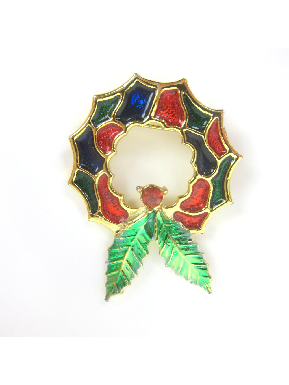 Vintage Christmas Stained Glass Wreath Pin Brooch Gold Tone Red Blue Green BJ 2"